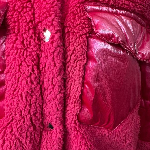 Forever 21 Womens Hot Pink Sherpa Jacket JuniorSize L With Faux Leather Sleeves - Picture 14 of 16